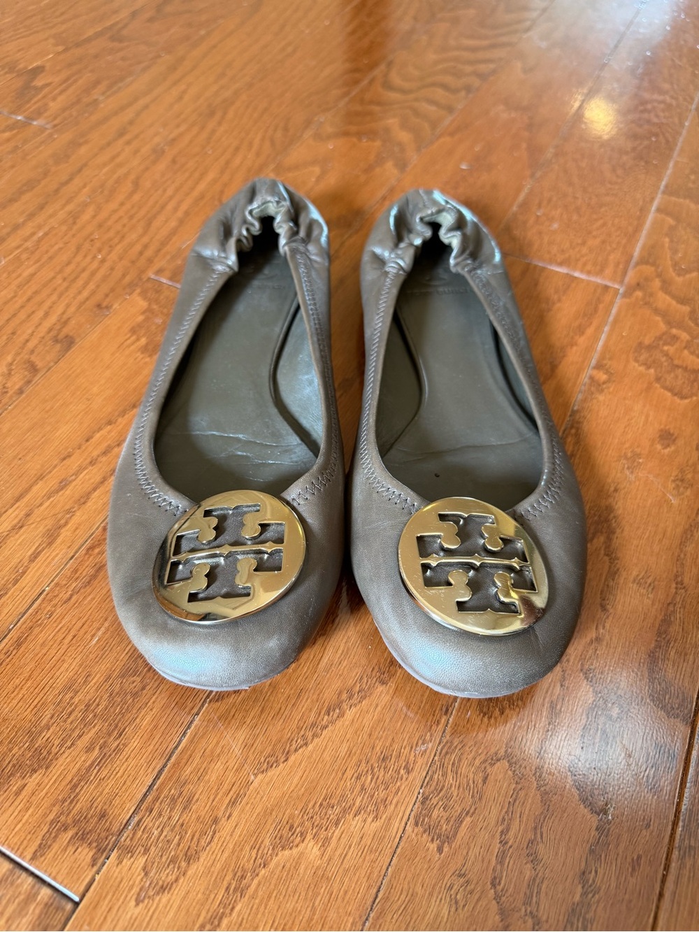Tory Burch Brown Leather Logo Ballet Flats with Gold Medallion